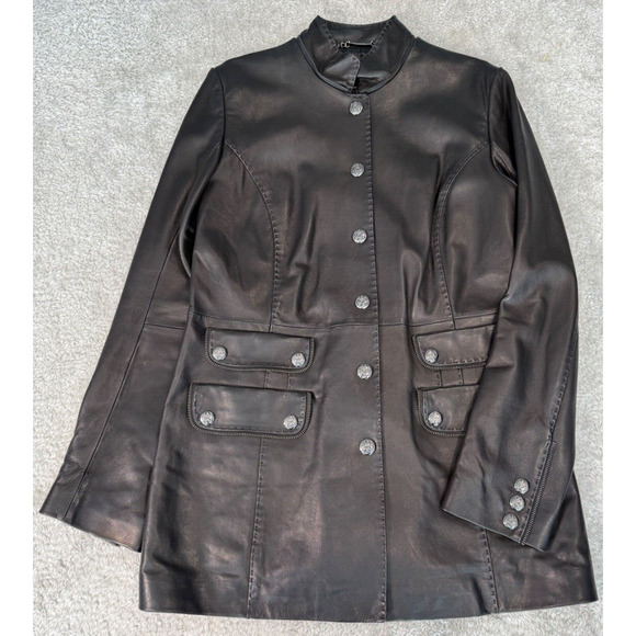 Laundry by Shelli Segal Black Leather Military Style Jacket Womens Size M Y2K - Picture 1 of 9